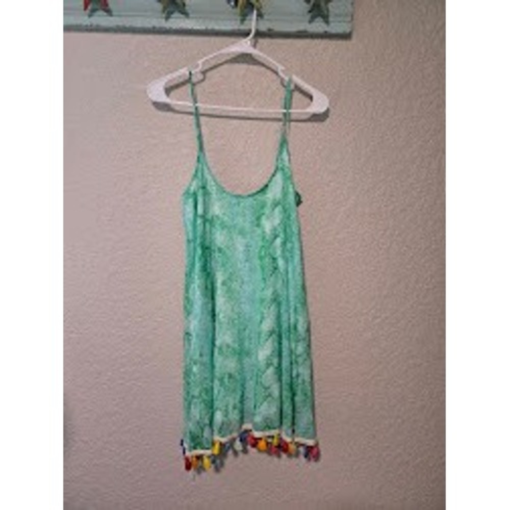 Judith March Green Printed Dress with Pom Poms